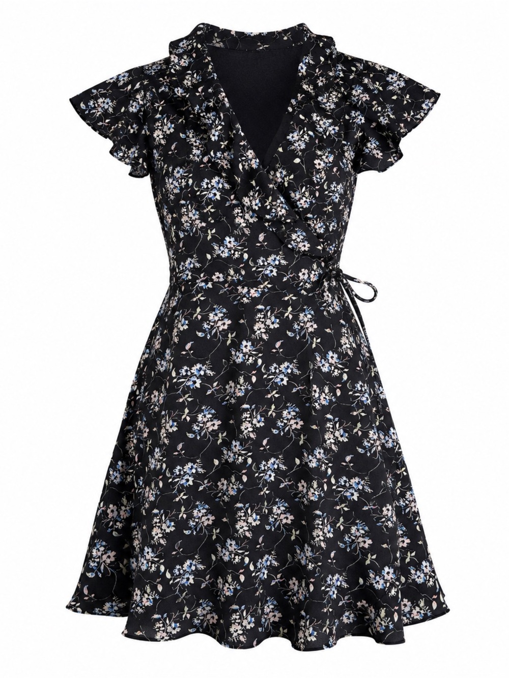 Willow & Clay Black Floral Wrap Mini Dress with Blue and Cream Accents